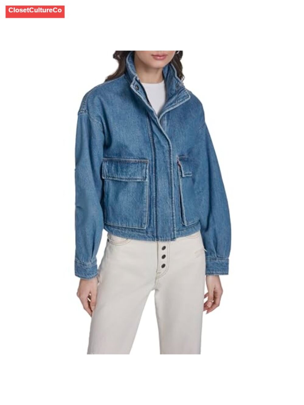Cropped Cotton Surplus Jacket with Stand Collar and Puff Sleeves